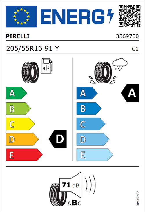 Tyre Label for Pirelli P Zero Rosso Asimmetrico 205/55R16 91Y