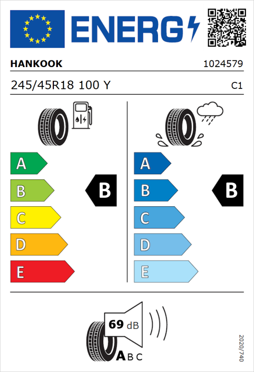 Tyre Label for Hankook Ventus S1 Evo 3 Runflat (K127B) 245/45R18 100Y